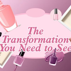 Könnte beinhalten: Werbung für Nagellack in Rosa- und Lilatönen mit dem Text „Die Transformation, die Sie sehen müssen“. Das Bild zeigt verschiedene Nagellackflaschen, verschütteten Lack und gerahmte Kunstwerke mit den Wörtern „Vorher“ und „Nachher“.