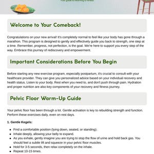 May include: A guide titled "Postpartum Strength Comeback" with instructions for returning to fitness. The guide includes sections on important considerations and a pelvic floor warm-up guide with exercises like gentle Kegels and pelvic tilts.