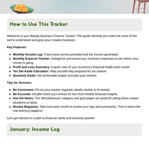 May include: A digital finance tracker for beauty businesses. The guide includes sections for income, expenses, profit, and tax calculations. It also provides tips for success and goal setting. The title reads: Beauty Business Finance Tracker - 12-Month Income and Profit Log.