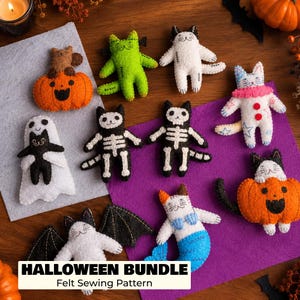 May include: A collection of felt cat ornaments featuring various costumes including a pumpkin, skeleton, ghost, bat, and mermaid. The set includes a white label with the text HALLOWEEN BUNDLE Felt Sewing Pattern printed in black.