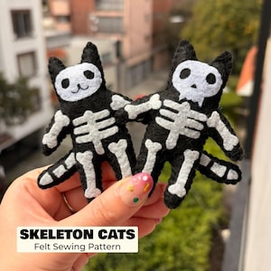 Molde para costura de gato esqueleto de feltro, disponível para download em PDF e SVG, faça você mesmo seu bichinho de pelúcia de Halloween, artesanato para iniciantes.