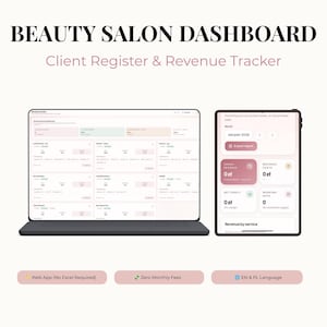 May include: A digital beauty salon dashboard displayed on a laptop and tablet screen. The interface features a client register and revenue tracker with sections for services, costs, and monthly reports. Text includes Beauty Salon Dashboard and Client Register & Revenue Tracker.