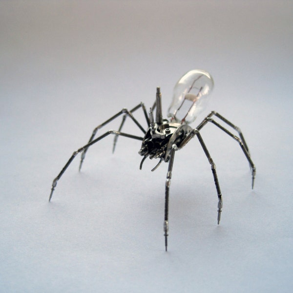 Mechanical Spider Sculpture No 23 Recycled Watch Parts Clockwork Arachnid Figurine Stems Lightbulb Arthropod A Mechanical Mind Gershenson