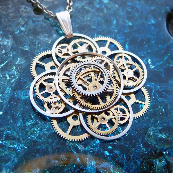 Steampunk Flower Necklace "Spring Bloom" Elegant Recycled Watch Parts Gear Pendant Mechanical Plant Assemblage Balance Wheel Petals OOAK