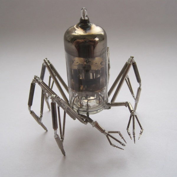 Vacuum Tube Spider Sculpture No 2 Mechanical Recycled Watch Parts Clockwork Arachnid Figurine Stems Lightbulb Arthropod A Mechanical Mind