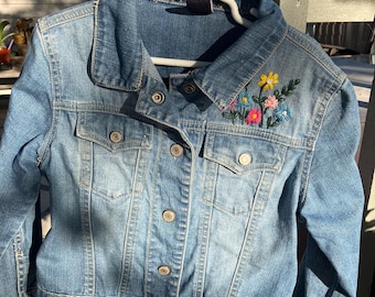Upcycled Girls Denim Jacket with Hand Embroidered Flowers- one of a kind Eco-friendly Fashion