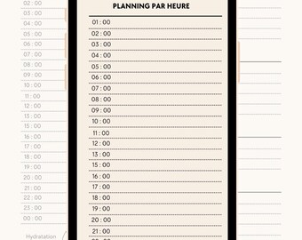 May include: A digital planner displayed on a smartphone screen. The planner features a daily schedule with hourly time slots, from 1:00 to 00:00, and sections for hydration and notes. The background is a light beige color.