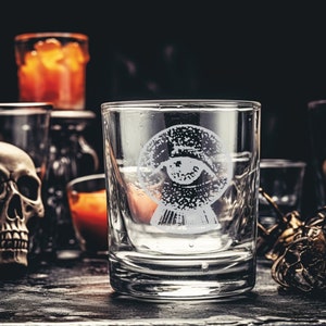 Custom Name Halloween Whiskey Glass – Engraved Gothic Barware – Unique Gift for Whiskey Drinkers and Halloween Fans