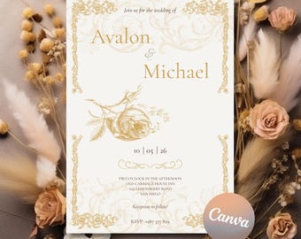 Vintage Floral Wedding Invitation Template: Elegant Printable Design (Digital Download)