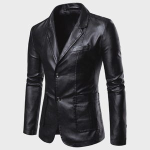 Men&#39;s Handmade Casual Black Leather Blazer Coat Business Slim Fit Coat For Men