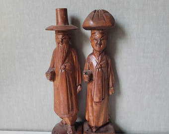 Vintage Korean Wood Carving Statues Couple 7.5" Brown Excellent Folk Art Decor