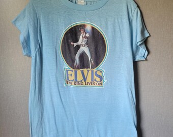 Ched Elvis Presley T-Shirt Mens L Blue Good 1977 The King Lives On Vintage 70s