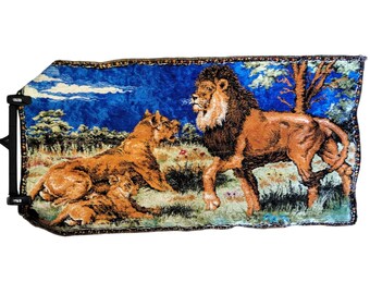 Vintage 1970s Woven Lion Tapestry Wall Hanging Retro Kitsch Boho Man Cave Decor