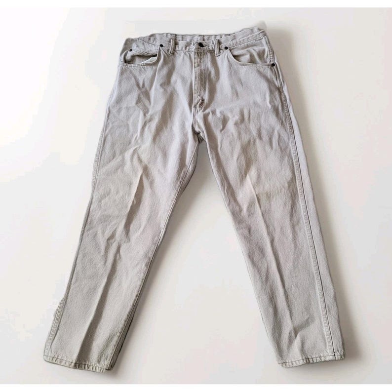 Vintage Wrangler Rugged Wear-denimjeans 36 x 30 gemaakt in de VS Khaki Tan Stone afbeelding 1