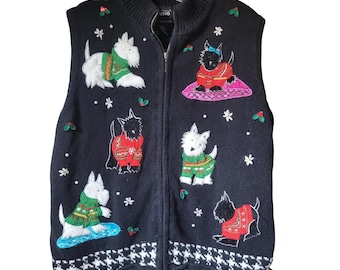 Vintage Westie Dog Christmas Sweater Vest Black Embroidered Novelty Kitsch Gift