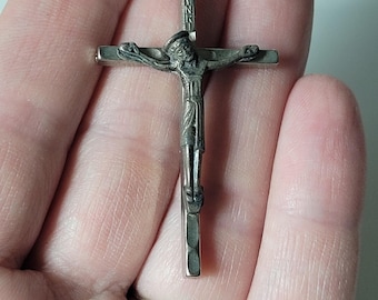 Vintage Silver Tone Metal Crucifix Pendant Italy Stamped Religious Cross INRI