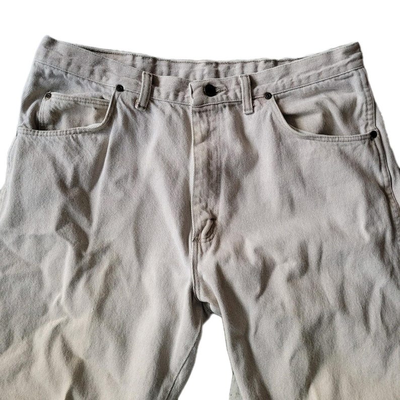 Vintage Wrangler Rugged Wear-denimjeans 36 x 30 gemaakt in de VS Khaki Tan Stone afbeelding 2