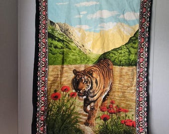 Vintage Tiger in Red Poppies Tapestry Wall Hanging Retro Botanical Wildlife Art