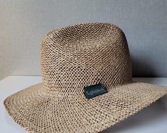 VTG Chi Chi Słomkowy kapelusz typu fedora z szerokim rondem, plażowy, letni, w kolorze jasnobrązowym, boho, wyprodukowany w USA
