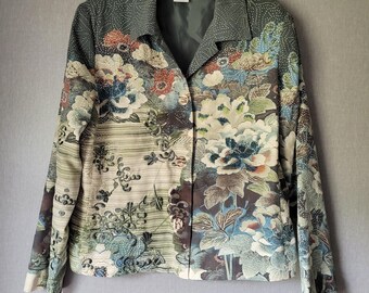 Nancy Bolen Blazer Women L Green Floral Silk Beaded Embroidered Art To Wear City