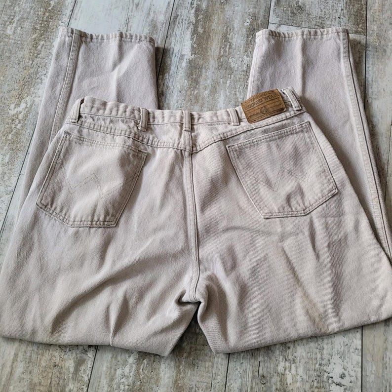 Vintage Wrangler Rugged Wear-denimjeans 36 x 30 gemaakt in de VS Khaki Tan Stone afbeelding 4