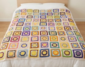 Vibrant Handmade Crochet Granny Square Afghan Blanket MultiColor Floral Sunburst
