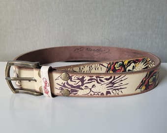 Klasyczny skórzany pasek Ed Hardy z haftem, kremowy, z tatuażem tygrysa, rozmiar XS, rok produkcji 2000