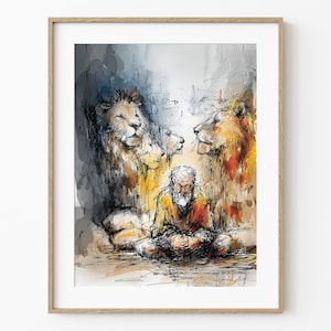 Daniel in the Lion’s Den, Old Testament Bible Story Wall Art, Prophet Daniel with Lions, Faith and Courage Artwork (Digital Download)