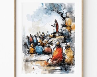 The Beatitudes, Jesus Teaching on the Mount, Bible Story Art, Sermon on the Mount Christian Illustration, Sacred Faith (Digital Download)
