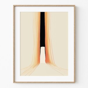 Puede incluir: Impresión artística abstracta enmarcada con un diseño minimalista. La obra presenta líneas verticales en tonos naranja y beige, convergiendo hacia un espacio negro central. La impresión está encerrada en un marco de madera, agregando calidez a la estética moderna.
