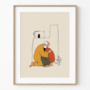 Op de afbeelding: Ingelijste kunstdruk met een illustratie van twee figuren die elkaar omarmen. Eén figuur draagt een gele jurk, de andere een oranje jurk. De achtergrond is beige met een eenvoudige architectonische schets.