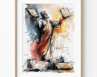 Los Diez Mandamientos, Moisés en el Monte Sinaí con las Tablas, Escena del Antiguo Testamento, Ilustración Bíblica, Decoración del Hogar con Fe (Descarga Digital)