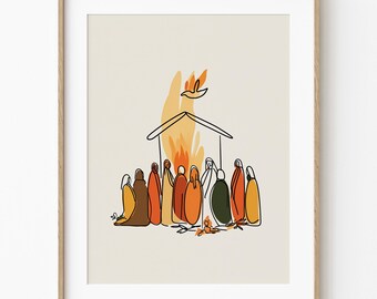 Pentecost Christian Wall Art, Holy Spirit Fire Scripture Print, Acts Upper Room Faith Bible Verse Decor (Digital Download)