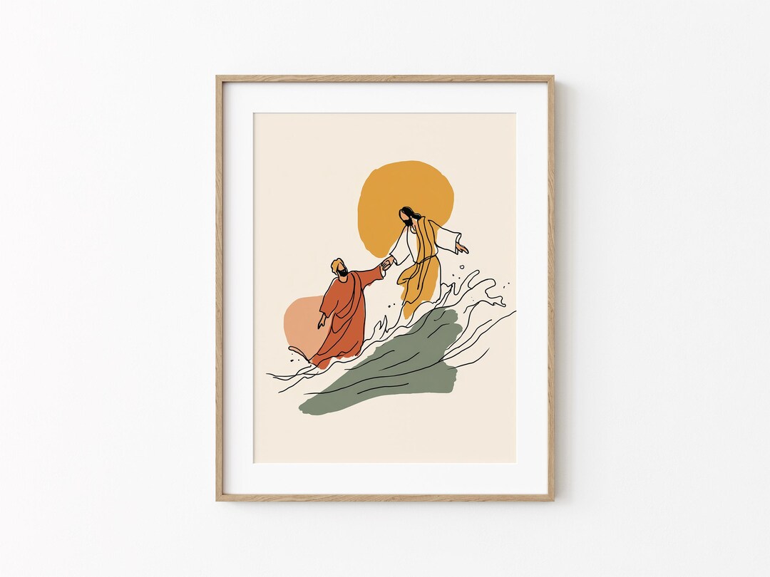 Walk on Water Christian Wall Art, Peter and Jesus Bible Scene Print ...