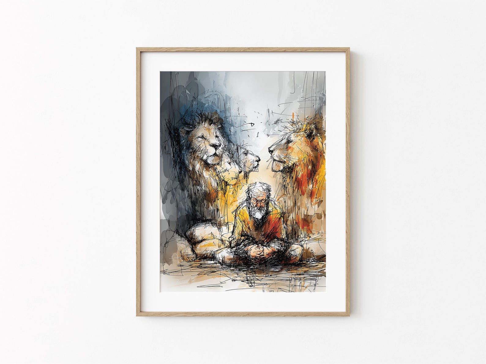 Daniel in the Lion’s Den, Old Testament Bible Story Wall Art, Prophet Daniel with Lions, Faith and Courage Artwork (Digital Download)