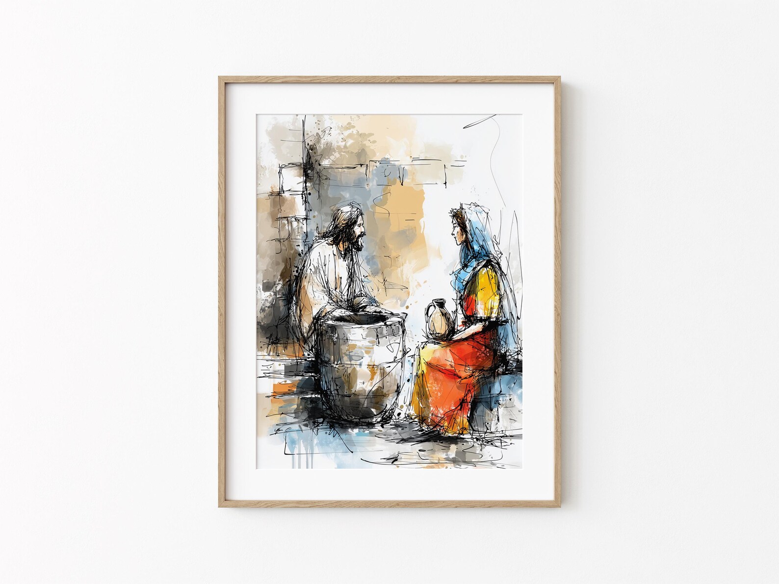 The Woman at the Well, Jesus and the Samaritan Woman, Bible Story Wall Art, Living Water Christian Illustration (Digital Download)