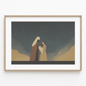 May include: A framed art print showing a religious scene. Two figures stand under a starry night sky, one holding a baby. The figures are in muted tones of brown, beige, and gold, with a dark blue background.