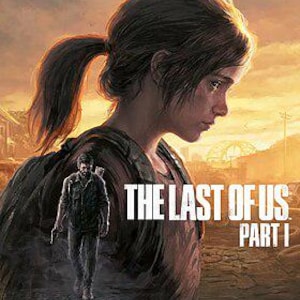 Puede incluir: Ilustración del videojuego "The Last of Us Part I". La imagen presenta a una mujer con cabello castaño recogido en una cola de caballo y un hombre caminando en el fondo. El título del juego se muestra en texto blanco.