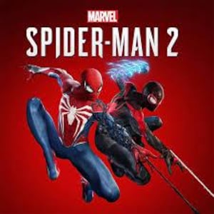May include: Marvel's Spider-Man 2 game cover art. Two Spider-Man characters in dynamic poses against a red background. One wears a red and blue suit with a white spider emblem, the other in a black and red suit. The game title is at the top.