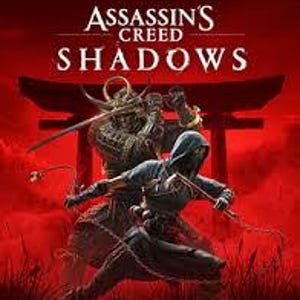May include: Assassin's Creed Shadows game cover art. A samurai and a ninja are featured in a dynamic pose against a red backdrop. The game title is displayed in white text at the top.