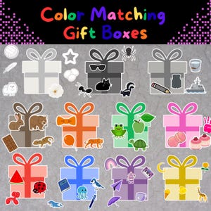 Pode incluir: Imagem colorida com caixas de presente com temas de cores correspondentes. Cada caixa é decorada com vários adesivos, incluindo animais, comida e objetos. O texto "Color Matching Gift Boxes" é exibido no topo.