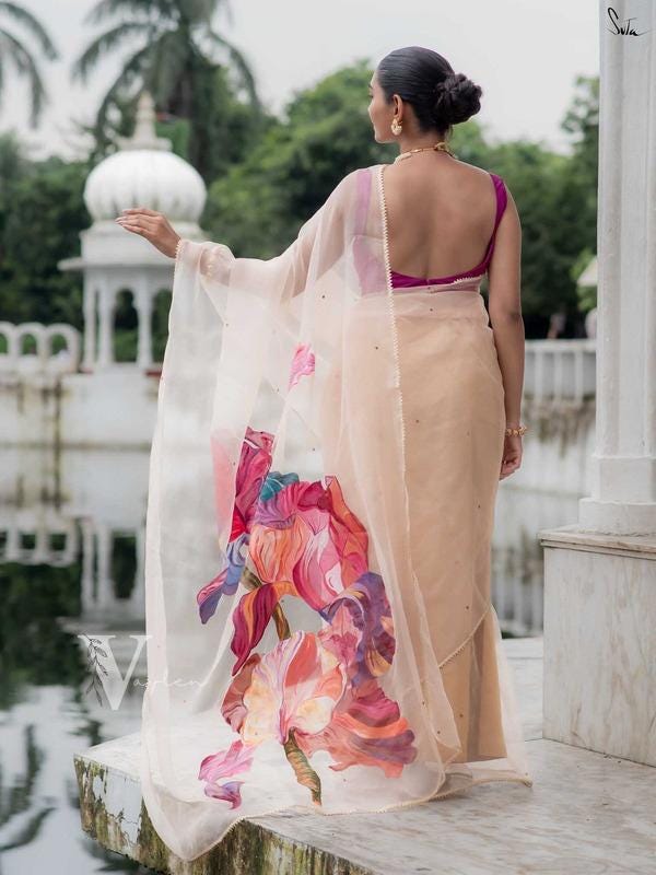 Handpainted Abstract Art Organza Saree | Handmade Luxury Organza Silk ...