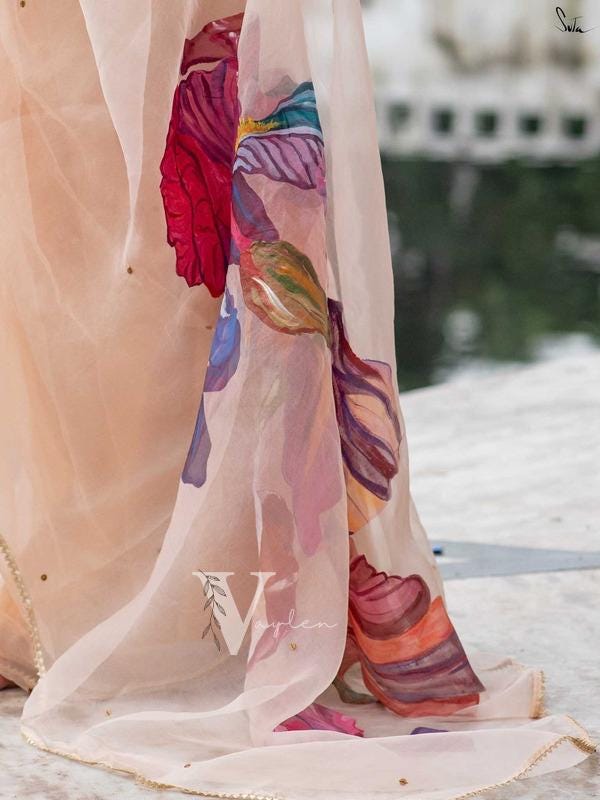 Handpainted Abstract Art Organza Saree | Handmade Luxury Organza Silk ...