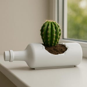 May include: A white ceramic planter shaped like a bottle, with a large opening on top. A green cactus with yellow spines is planted in the soil inside the planter. The planter is on a white windowsill.