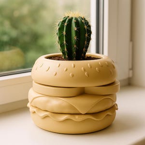 May include: A green cactus plant in a yellow ceramic planter shaped like a hamburger. The planter has a bun, patty, and cheese layers. The bun has small, round details. The cactus has sharp spines and is planted in soil.