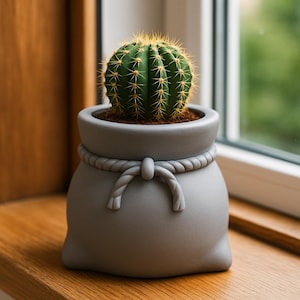 May include: A small, round cactus with yellow spines sits in a gray, bag-shaped planter. The planter has a rope detail around the top and a decorative knot. The cactus is a vibrant green color.