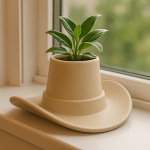 Op de afbeelding: Een beige cowboyhoedvormige plantenbak met een kleine groene plant. De plantenbak staat op een vensterbank, met de rand van de hoed naar buiten. De achtergrond toont een wazig uitzicht op groen.