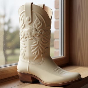 Può includere: Stivale da cowboy color crema con un design in rilievo dettagliato con un cinghiale ed elementi floreali. Lo stivale ha una punta a punta, un tacco in legno impilato e una linguetta sulla parte superiore. Lo stivale è alto circa 30 cm.