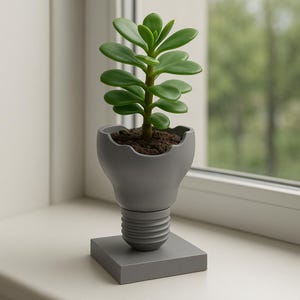 Puede incluir: Una pequeña planta suculenta en una maceta gris con forma de bombilla. La maceta se asienta sobre una base cuadrada. La planta tiene hojas verdes y está plantada en tierra marrón. El fondo es una ventana con una vista borrosa de árboles.