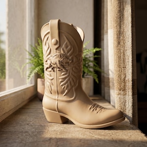 Peut inclure: Une botte de cowboy beige avec un motif en relief décoratif représentant un sanglier. La botte est faite d'un matériau solide et a un talon. La botte est posée sur une surface en pierre.
